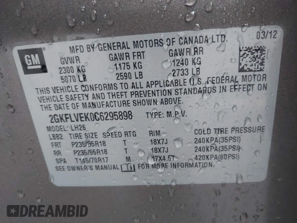 2012 GMC Terrain SLT-1 with VIN 2GKFLVEK0C6295898, listed as a IAAI auction lot 40756890 with 114,085 mi miles and . Bid and sale history available at DreamBid. Image 9.