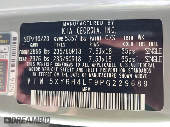 2023 Kia Sorento EX z VIN 5XYRH4LF9PG229689, wystawiony jako IAAI lot #41893442 z przebiegiem 17 906 mil mil oraz . Historia ofert i sprzedaży dostępna na DreamBid. Obrazek 9.