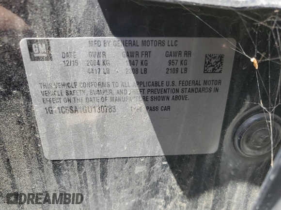 2016 Chevrolet Malibu LT with VIN 1G11C5SA1GU130783, listed as a Copart auction lot 54776095 with 224,566 mi miles and Salvage Title. Bid and sale history available at DreamBid. Image 12.