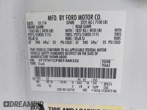 2014 Ford F-150 XL with VIN 1FTFW1CF8EFA66332, listed as a IAAI auction lot 41033667 with 200,513 mi miles. Bid and sale history available at carsss.com. Image 9.