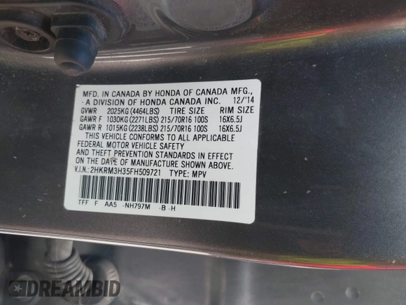 2015 Honda CR-V LX with VIN 2HKRM3H35FH509721, listed as a IAAI auction lot 42048149 with 262,759 mi miles and . Bid and sale history available at carsss.com. Image 9.