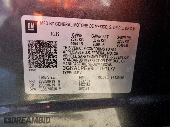 2020 GMC Terrain SLT with VIN 3GKALPEV9LL191177, listed as a Copart auction lot 57800395 with 69,400 mi miles and Salvage title. Bid and sale history available at DreamBid. Image 13.