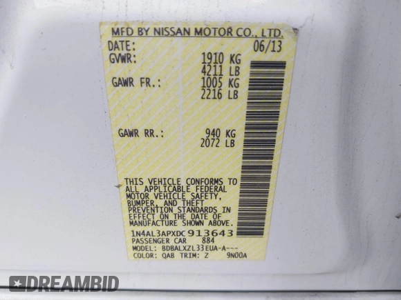 2013 Nissan Altima S with VIN 1N4AL3APXDC913643, listed as a IAAI auction lot 41977231 with 95,170 mi miles and . Bid and sale history available at DreamBid. Image 9.