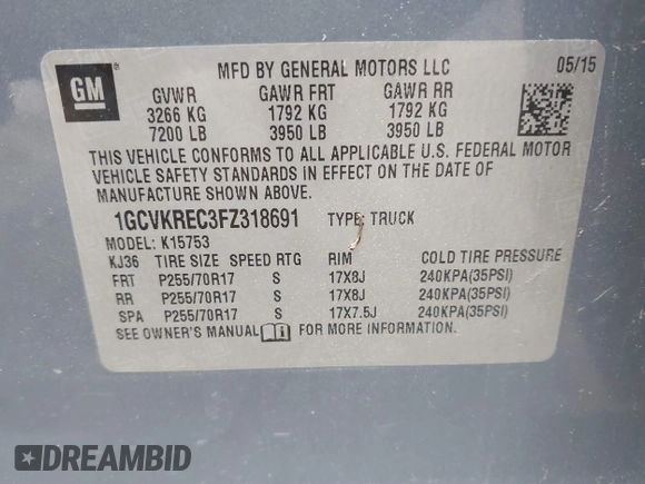 2015 Chevrolet Silverado 1500 LT with VIN 1GCVKREC3FZ318691, listed as a IAAI auction lot 42152259 with 77,897 mi miles. Bid and sale history available at carsss.com. Image 9.