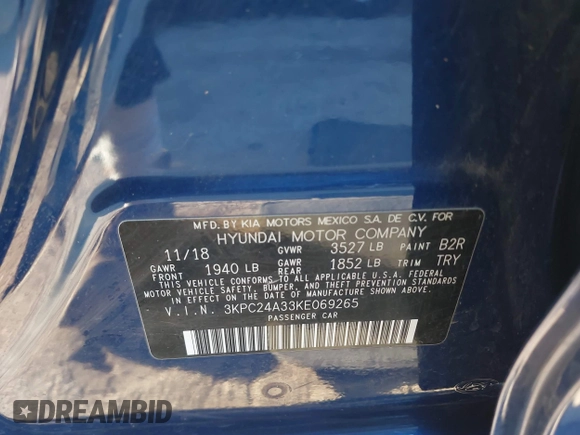2019 Hyundai Accent SE with VIN 3KPC24A33KE069265, listed as a IAAI auction lot 41424869 with 104,521 mi miles and . Bid and sale history available at DreamBid. Image 9.
