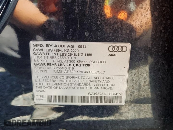 2015 Audi Q3 Prestige with VIN WA1GFCFS3FR004159, listed as a Copart auction lot 59004365 with 114,389 mi miles and Salvage title. Bid and sale history available at DreamBid. Image 14.