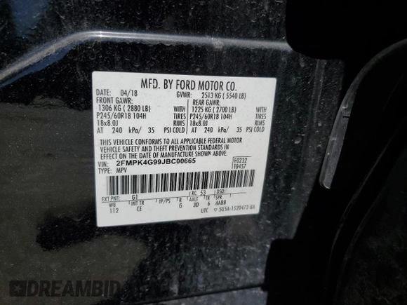 2018 Ford Edge SE с VIN 2FMPK4G99JBC00665, выставлен на аукционе Copart как лот 55854805 с пробегом Не указан миль и Списание • Salvage title. История ставок и продаж доступна на DreamBid. Изображение 12.