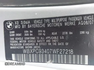 2007 BMW X3 3.0si with VIN WBXPC93407WF27218, listed as a IAAI auction lot 42198685 with 121,759 mi miles and . Bid and sale history available at DreamBid. Image 9.