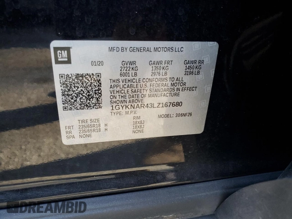2020 Cadillac XT5 Luxury FWD with VIN 1GYKNAR43LZ167680, listed as a Copart auction lot 50603835 with 52,874 mi miles and Salvage title. Bid and sale history available at DreamBid. Image 12.