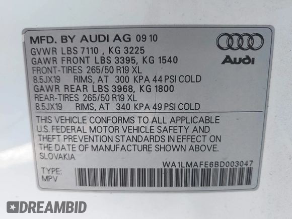 2011 Audi Q7 Premium Plus with VIN WA1LMAFE6BD003047, listed as a IAAI auction lot 42641335 with 213,023 mi miles and . Bid and sale history available at DreamBid. Image 9.