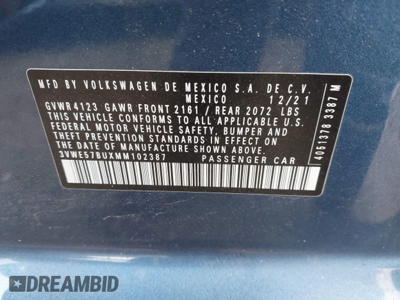 2021 Volkswagen Jetta SEL with VIN 3VWE57BUXMM102387, listed as a IAAI auction lot 42711974 with 44,793 mi miles and . Bid and sale history available at DreamBid. Image 9.