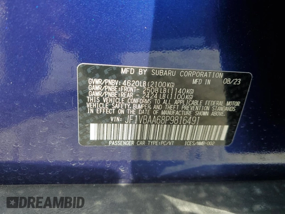 2023 Subaru WRX с VIN JF1VBAA68P9816491, выставлен на аукционе Copart как лот 51762095 с пробегом 8 409 миль миль и Списание • Salvage title. История ставок и продаж доступна на DreamBid. Изображение 13.