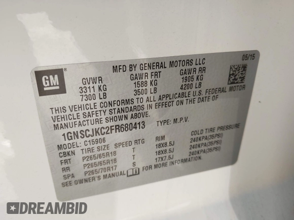 2015 Chevrolet Suburban LT with VIN 1GNSCJKC2FR680413, listed as a IAAI auction lot 41634666 with 127,175 mi miles and . Bid and sale history available at DreamBid. Image 9.