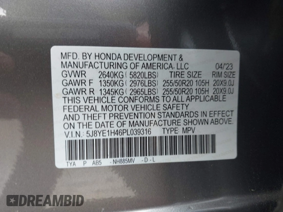 2023 Acura MDX Technology with VIN 5J8YE1H46PL039316, listed as a IAAI auction lot 42031513 with 20,743 mi miles and . Bid and sale history available at DreamBid. Image 9.