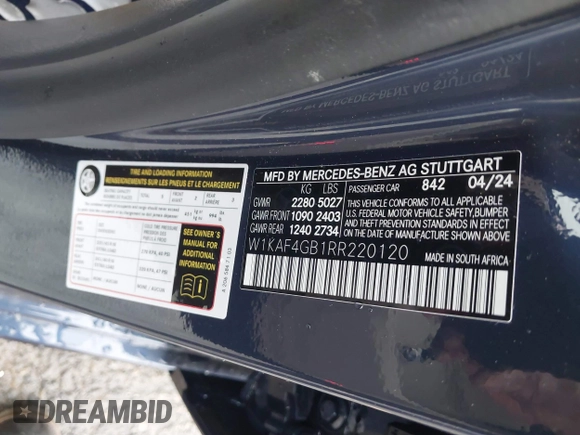2024 Mercedes-Benz C 300 with VIN W1KAF4GB1RR220120, listed as a IAAI auction lot 41789196 with 1,903 mi miles and . Bid and sale history available at DreamBid. Image 9.