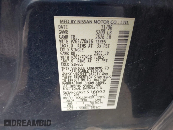2007 Nissan Xterra SE with VIN 5N1AN08UX7C516092, listed as a IAAI auction lot 41562759 with 210,857 mi miles and . Bid and sale history available at DreamBid. Image 9.