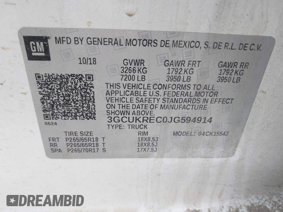 2018 Chevrolet Silverado 1500 LT with VIN 3GCUKREC0JG594914, listed as a IAAI auction lot 41735134 with 98,407 mi miles. Bid and sale history available at carsss.com. Image 9.