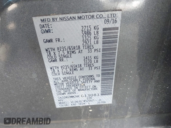 2017 Nissan Pathfinder SV with VIN 5N1DR2MM2HC613081, listed as a IAAI auction lot 41979227 with 137,371 mi miles. Bid and sale history available at carsss.com. Image 9.