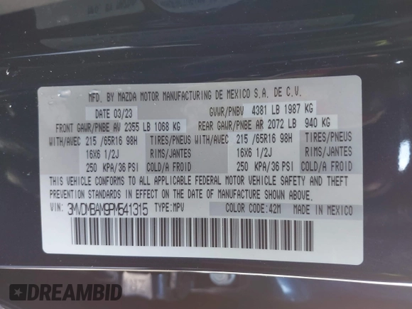 2023 Mazda CX-30 S with VIN 3MVDMBAM9PM541315, listed as a IAAI auction lot 41758162 with 46,296 mi miles and . Bid and sale history available at carsss.com. Image 9.
