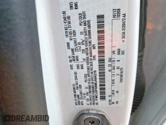 2021 Ford Escape S с VIN 1FMCU0F68MUA84219, выставлен на аукционе Copart как лот 59120585 с пробегом 99 879 миль миль и Чистый • Clean title. История ставок и продаж доступна на DreamBid. Изображение 12.