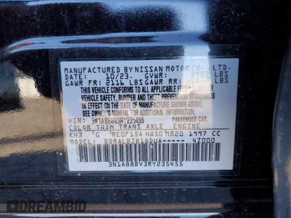 2024 Nissan Sentra S with VIN 3N1AB8BV3RY235455, listed as a Copart auction lot 46462465 with 20,589 mi miles and Salvage Title. Bid and sale history available at carsss.com. Image 12.