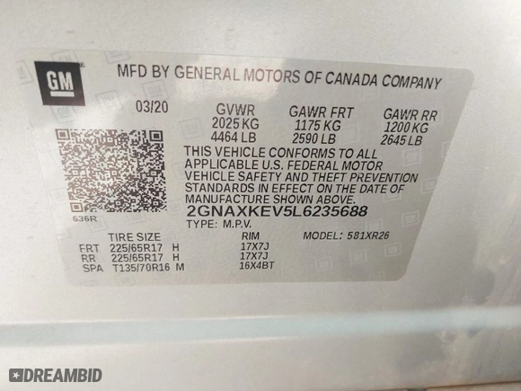 2020 Chevrolet Equinox LT with VIN 2GNAXKEV5L6235688, listed as a IAAI auction lot 41731406 with 30,698 mi miles. Bid and sale history available at carsss.com. Image 9.