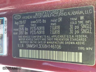 2008 Hyundai Santa Fe SE with VIN 5NMSH13E68H146106, listed as a IAAI auction lot 41747474 with 190,907 mi miles. Bid and sale history available at carsss.com. Image 9.