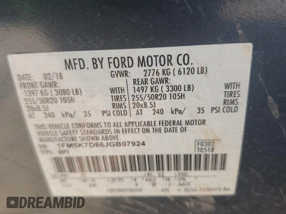 2018 Ford Explorer XLT z VIN 1FM5K7D86JGB07924, wystawiony jako Copart lot #56415575 z przebiegiem 151 540 mil mil oraz Szkody całkowita. Historia ofert i sprzedaży dostępna na DreamBid. Obrazek 13.