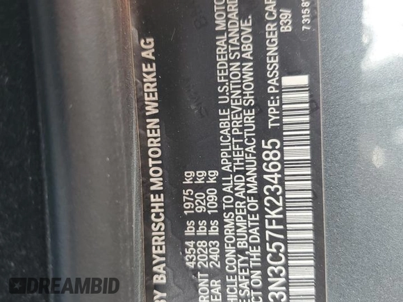 2015 BMW 4 Series 428i with VIN WBA3N3C57FK234685, listed as a Copart auction lot 52236575 with 115,093 mi miles and Salvage title. Bid and sale history available at DreamBid. Image 12.