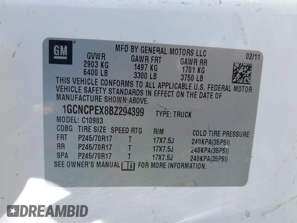 2011 Chevrolet Silverado 1500 Work Truck with VIN 1GCNCPEX8BZ294399, listed as a IAAI auction lot 42104361 with 269,079 mi miles and . Bid and sale history available at DreamBid. Image 9.