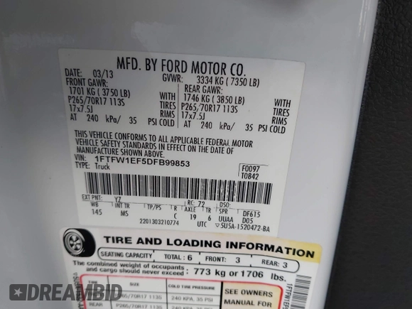 2013 Ford F-150 XL with VIN 1FTFW1EF5DFB99853, listed as a IAAI auction lot 42024669 with 113,013 mi miles. Bid and sale history available at carsss.com. Image 9.