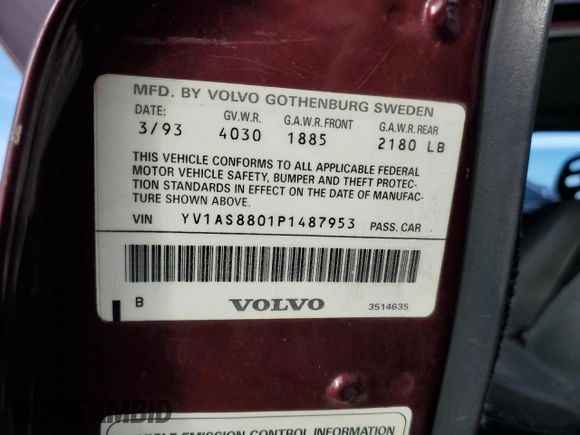 1993 Volvo 240 z VIN YV1AS8801P1487953, wystawiony jako Copart lot #77392634 z przebiegiem 270 844 mil mil oraz Szkody całkowita. Historia ofert i sprzedaży dostępna na DreamBid. Obrazek 12.