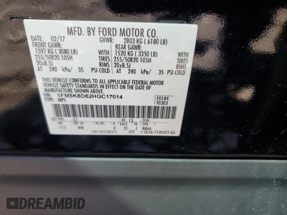 2017 Ford Explorer XLT with VIN 1FM5K8D82HGC17014, listed as a Copart auction lot 60517145 with 110,254 mi miles and Salvage title. Bid and sale history available at DreamBid. Image 13.