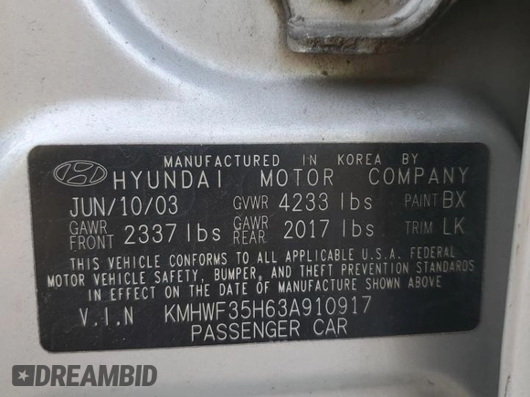 2003 Hyundai Sonata GLS with VIN KMHWF35H63A910917, listed as a Copart auction lot 71657584 with 120,196 mi miles and Salvage Title. Bid and sale history available at carsss.com. Image 12.