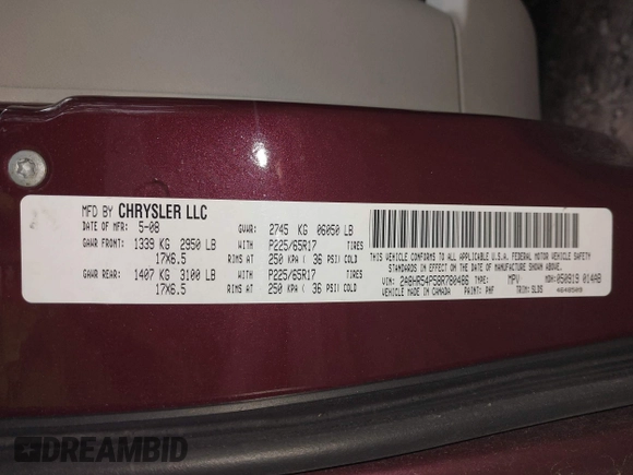 2008 Chrysler Town & Country Touring with VIN 2A8HR54P58R780486, listed as a IAAI auction lot 42226012 with 176,028 mi miles and . Bid and sale history available at DreamBid. Image 9.