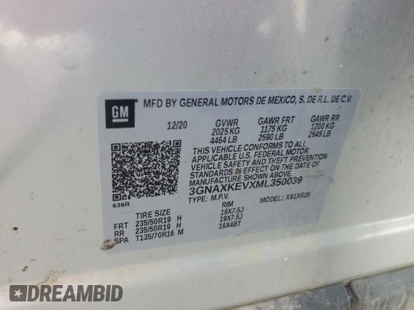 2021 Chevrolet Equinox LT z VIN 3GNAXKEVXML350039, wystawiony jako Copart lot #54440265 z przebiegiem 95 324 mil mil oraz Szkoda całkowita • Salvage title. Historia ofert i sprzedaży dostępna na DreamBid. Obrazek 14.
