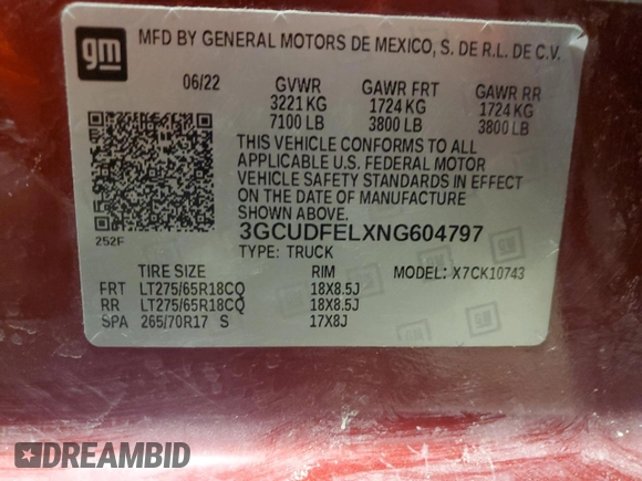 2022 Chevrolet Silverado 1500 LT Trail Boss with VIN 3GCUDFELXNG604797, listed as a Copart auction lot 87466664 with 36,182 mi miles and Salvage Title. Bid and sale history available at DreamBid. Image 12.
