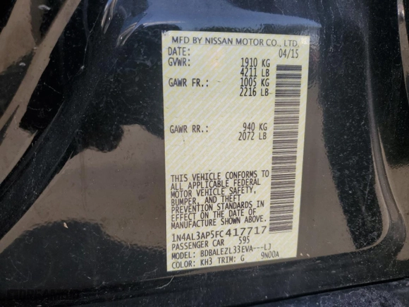 2015 Nissan Altima 2.5 SV with VIN 1N4AL3AP5FC417717, listed as a Copart auction lot 52951525 with 137,063 mi miles and Clean Title. Bid and sale history available at carsss.com. Image 12.