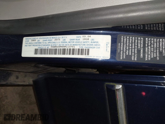2004 Volkswagen Jetta GL с VIN 3VWRK69M94M113701, выставлен на аукционе IAAI как лот 41573481 с пробегом 190 711 миль миль и . История ставок и продаж доступна на DreamBid. Изображение 9.
