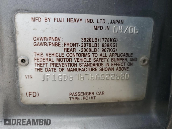 2006 Subaru Impreza i z VIN JF1GD67676G522680, wystawiony jako Copart lot #46356975 z przebiegiem 225 770 mil mil oraz Szkoda całkowita • Salvage title. Historia ofert i sprzedaży dostępna na DreamBid. Obrazek 12.