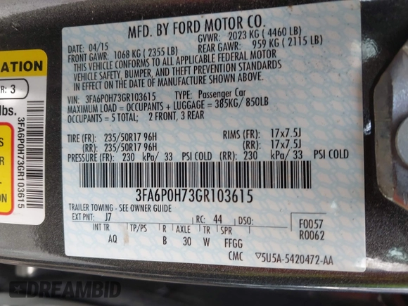 2016 Ford Fusion SE with VIN 3FA6P0H73GR103615, listed as a IAAI auction lot 41950050 with 67,781 mi miles and . Bid and sale history available at DreamBid. Image 9.