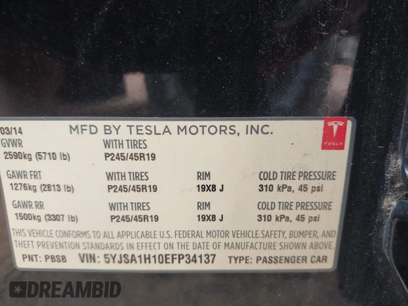 2014 Tesla Model S 60 with VIN 5YJSA1H10EFP34137, listed as a IAAI auction lot 42311565 with Not provided miles and . Bid and sale history available at DreamBid. Image 9.