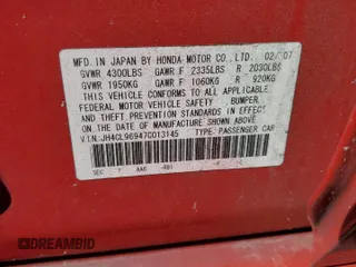 2007 Acura TSX Navi z VIN JH4CL96947C013145, wystawiony jako Copart lot #56888725 z przebiegiem 165 430 mil mil oraz Szkoda całkowita • Salvage title. Historia ofert i sprzedaży dostępna na DreamBid. Obrazek 13.