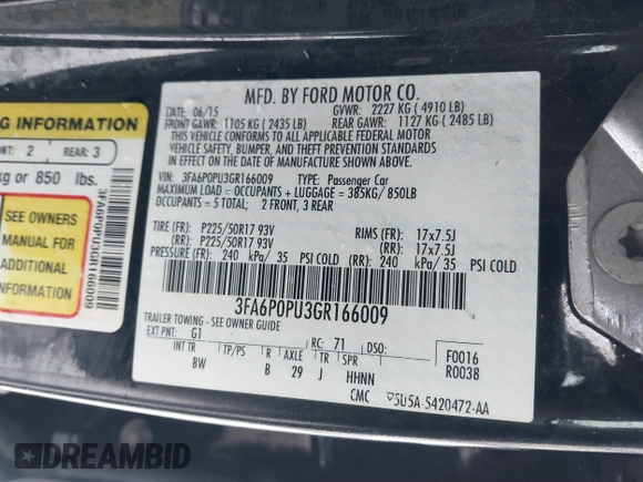 2016 Ford Fusion Energi SE Luxury with VIN 3FA6P0PU3GR166009, listed as a IAAI auction lot 41626623 with 133,596 mi miles. Bid and sale history available at carsss.com. Image 9.
