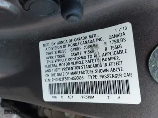 2013 Honda Civic Sdn LX with VIN 2HGFB2F52DH596895, listed as a IAAI auction lot 41923953 with 120,007 mi miles. Bid and sale history available at carsss.com. Image 9.