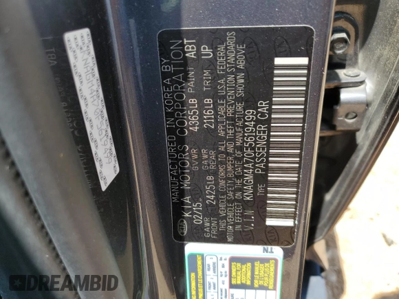 2015 Kia Optima LX z VIN KNAGM4A70F5619499, wystawiony jako Copart lot #60094465 z przebiegiem 169 373 mil mil oraz Szkoda całkowita • Salvage title. Historia ofert i sprzedaży dostępna na DreamBid. Obrazek 13.