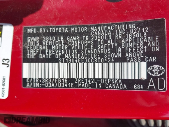 2012 Toyota Corolla L with VIN 2T1BU4EE3CC800424, listed as a IAAI auction lot 42071780 with 204,196 mi miles. Bid and sale history available at carsss.com. Image 9.