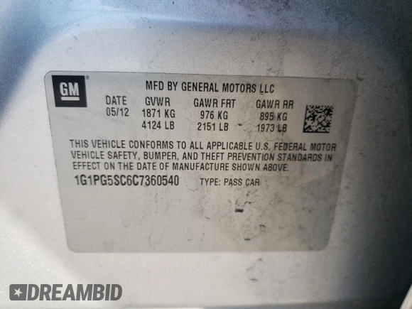 2012 Chevrolet Cruze 2LT with VIN 1G1PG5SC6C7360540, listed as a Copart auction lot 55967525 with 94,863 mi miles and Clean Title. Bid and sale history available at DreamBid. Image 12.