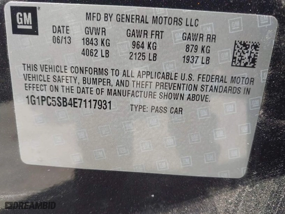 2014 Chevrolet Cruze 1LT with VIN 1G1PC5SB4E7117931, listed as a IAAI auction lot 41997100 with 150,910 mi miles. Bid and sale history available at carsss.com. Image 9.