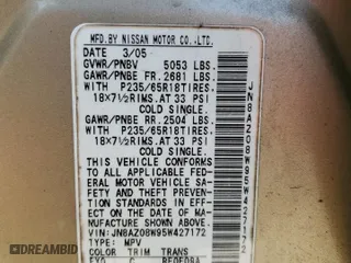 2005 Nissan Murano S with VIN JN8AZ08W95W427172, listed as a Copart auction lot 76733054 with 51,053 mi miles and Clean Title. Bid and sale history available at carsss.com. Image 13.